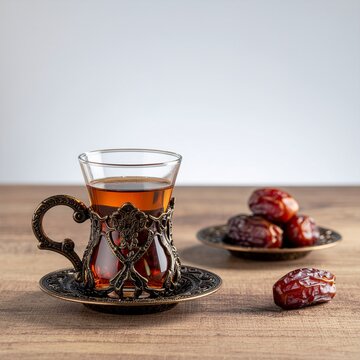 Traditional Arabic Tea Glass Ornate Metal Holder Dates Plate Ramadan Clean Background

