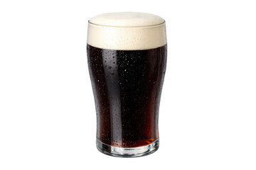Naklejka premium Dark stout beer filling pint glass with foamy head and condensation, offering cold refreshment and craft beverage taste