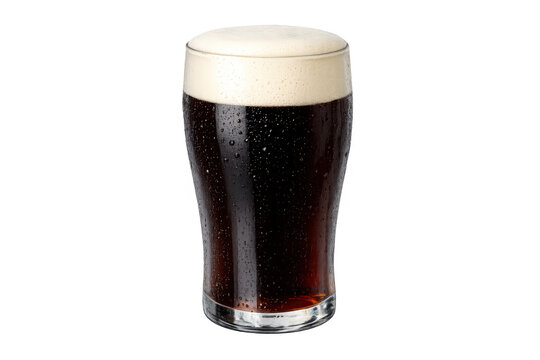 Dark stout beer filling pint glass with foamy head and condensation, offering cold refreshment and craft beverage taste