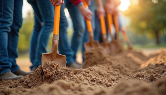 Group of people dig ground with shovels. Start new construction project. Digging soil for building foundation. Teamwork for future development. Collaboration for community improvement.