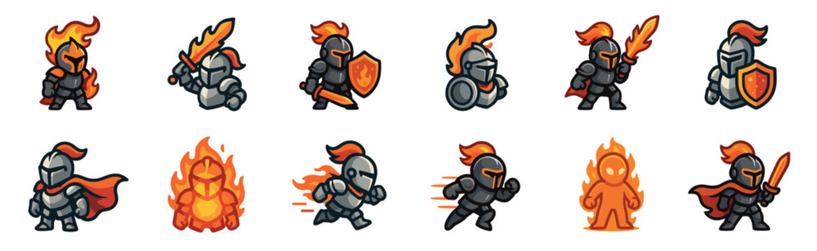 Collection of chibi knight game character sprites in various action poses, featuring medieval warriors with flaming swords, fiery shields, and full armor for a fantasy RPG
