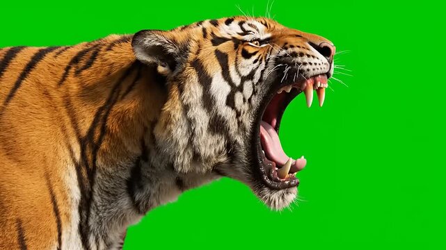Close-up shot of a fierce tiger roaring with its mouth wide open, showcasing its sharp teeth and aggressive nature on a green screen background