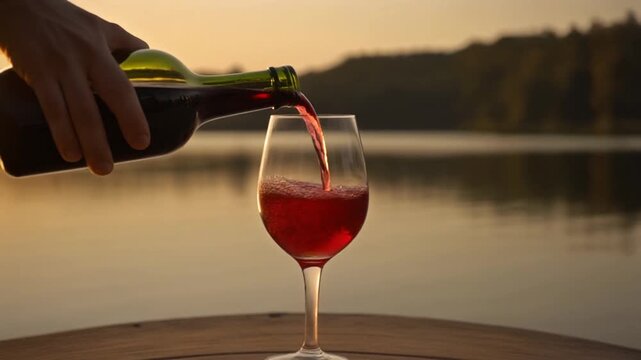 Pouring red beverage into wineglass with lake backdrop gives sense of peace and luxury. 