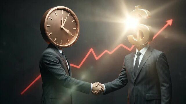 Time and money synergy: businessmen with clock and dollar heads shaking hands against a rising market