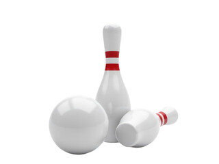 A bowling ball and skittles on a white surface