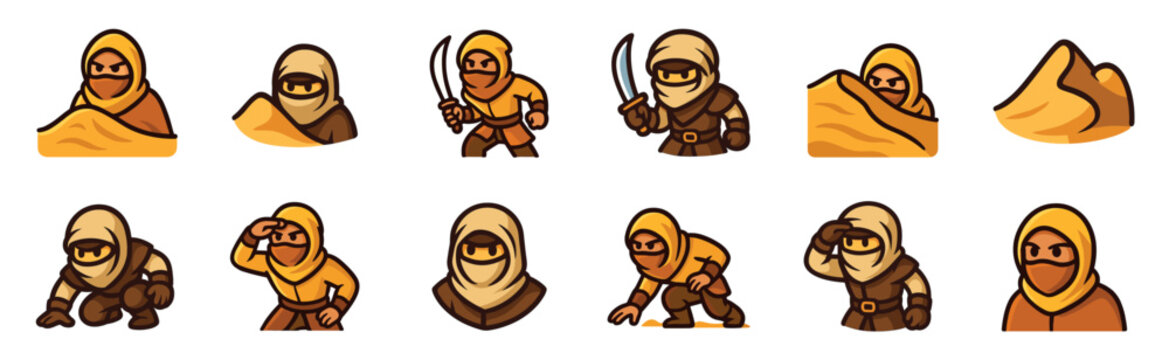 Collection of desert warrior character sprites in various poses for a video game, including standing with a scimitar, crouching, hiding, and scouting in a cartoon style