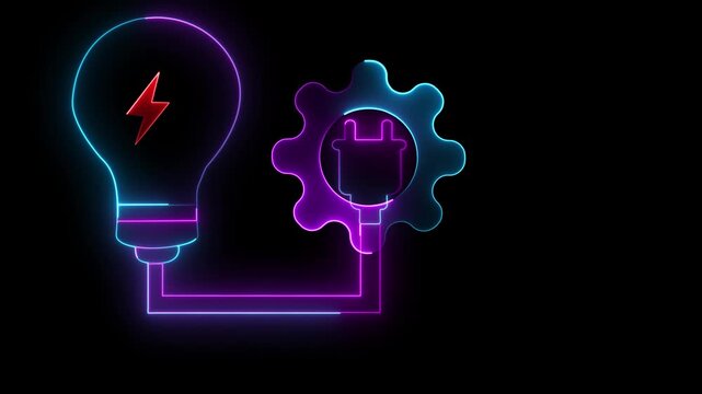 Neon light bulb with lightning bolt and gear with electrical plug in blue and pink on black background