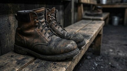 Worn-out work boots resting on wooden bench in dark environment  