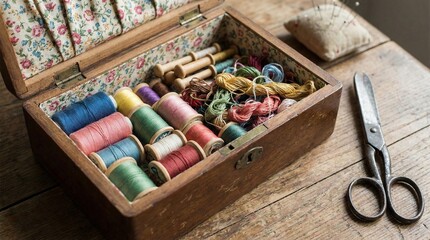 Vintage sewing box filled with colorful thread spools and scissors  