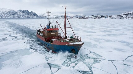 Fishing boat navigating through icy waters in remote winter landscape  