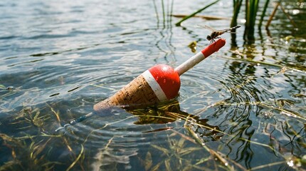Fishing float bobbing on water surface with reeds in background  