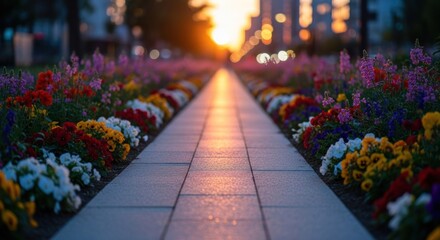 Obraz premium Sunny path lined with vibrant flowers leads to blurred city buildings