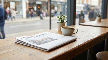 Morning newspaper on wooden table with coffee and plant by the window  