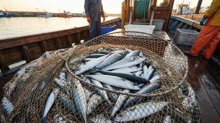 Fishing net filled with fresh fish on boat during sunset  