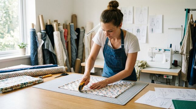 Young woman cutting fabric with rotary cutter in sewing studio  
