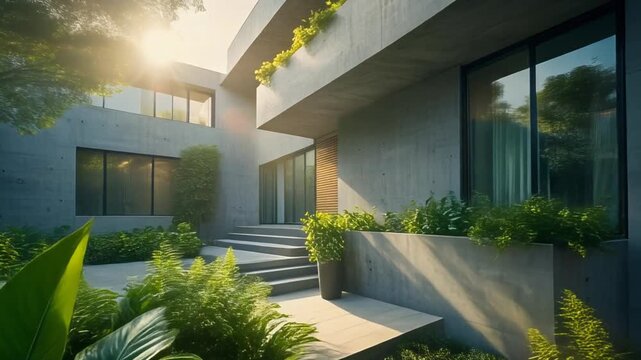 Modern Concrete House Exterior with Green Plants and Sunlight