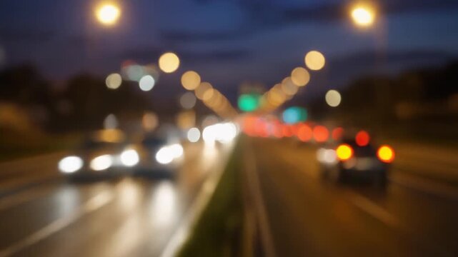 Blurred Motion Cityscape- Evening Traffic on Highway with City Lights and Bokeh 