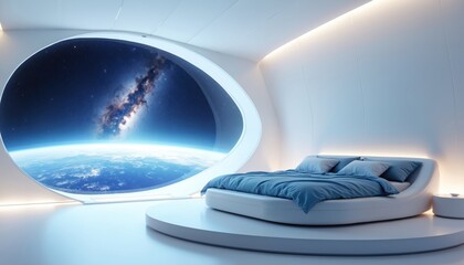 Fototapeta premium Futuristic bedroom with large window shows Earth, galaxy view. Modern bed with blue linens sits on raised platform in clean white room with soft light. Scenario 1 Sci-fi movie scene background.