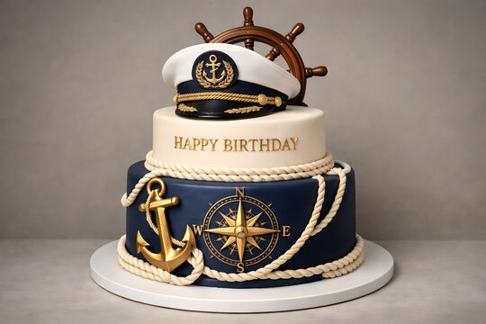 Nautical Themed Birthday Cake with Ship Wheel Compass and Anchor Decorations