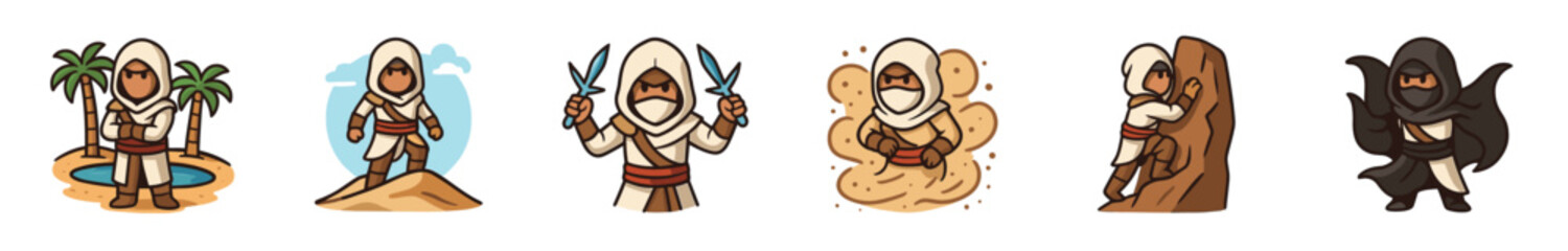 Fototapeta premium Collection of six desert nomad character illustrations in a cute cartoon style, depicting the adventurer climbing a rock, holding daggers, and standing in a sandstorm