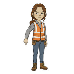 Fototapeta premium Dedicated female construction worker with safety gear pointing downwards for emphasis