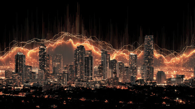 City skyline night finance data chart graph network glowing signal lines above downtown skyscraper district, panoramic metropolis view with orange light, risk, growth, analytics, future economy - Powered by Adobe
