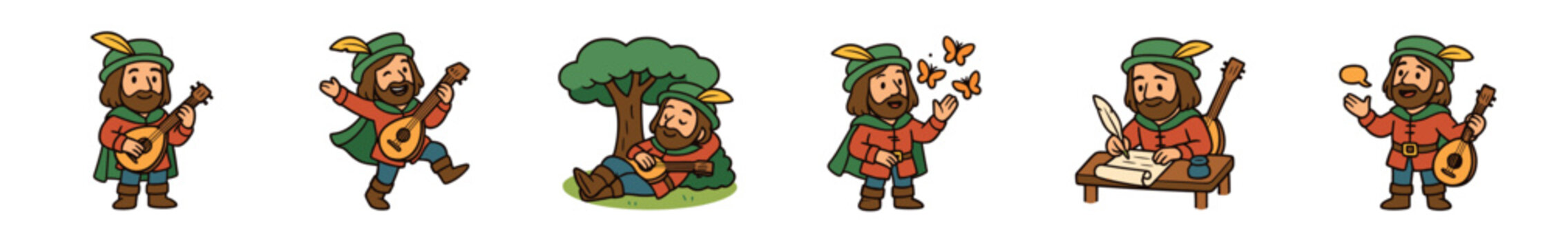 Cartoon medieval bard character set shows the minstrel playing a lute, singing, writing a song with a quill pen, resting under a tree, and interacting with butterflies