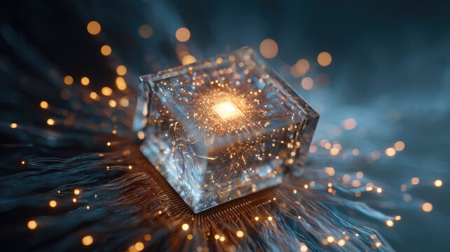 Crystal cube microchip processor energy wave fiber optic spark macro view of translucent computing core glowing with data pulse and golden particle light on dark circuit background