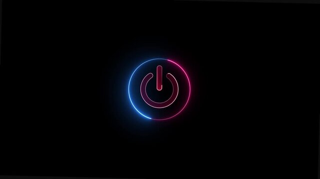 Neon power reset button sign icon animation switch start up neon screen turn on off button computer and mobile phone technology closed shutdown icon with black background.
