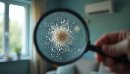 Magnified view of dust particles and microorganisms collected from an air conditioner filter. Indoor air quality inspection reveals potential allergens and pollutants impacting home health.