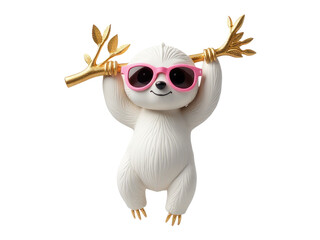 Obraz premium A sloth relaxes in a tree, wearing bright pink sunglasses