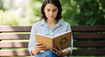 Fototapeta premium Woman reading notebook with recycling symbol in the park with copy space