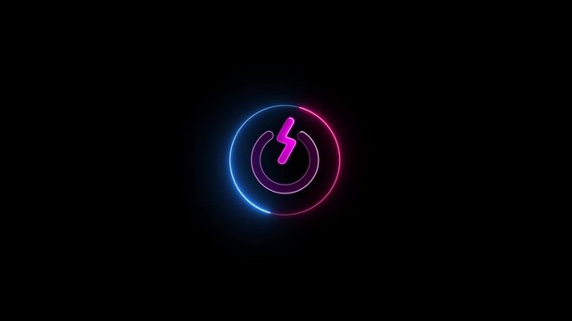 Neon power reset button sign icon animation switch start up neon screen turn on off button computer and mobile phone technology closed shutdown icon with black background.