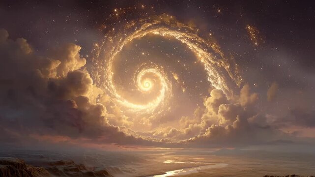 A spiral formation in the sky above a mountain, creating a striking contrast against the natural landscape.