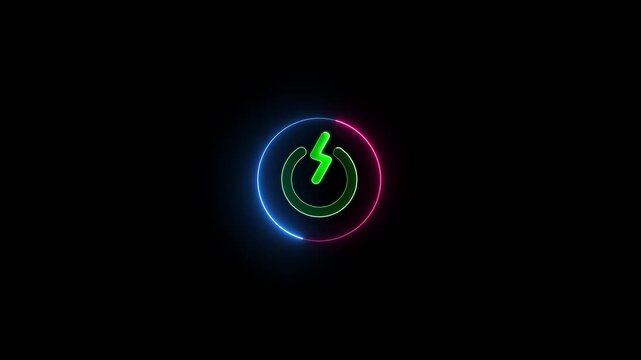 Neon power reset button sign icon animation switch start up neon screen turn on off button computer and mobile phone technology closed shutdown icon with black background.