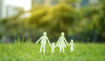 Paper cutout family on green grass background symbolizing unity and togetherness