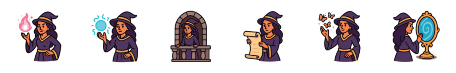 Fototapeta premium Set of cartoon witch character illustrations showing a sorceress casting fire and ice spells, reading a scroll, looking in a magic mirror, and standing on a castle balcony