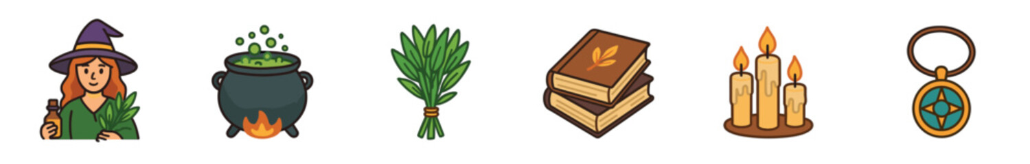 Set of six witchcraft icons featuring a witch, cauldron, herbs, spell books, candles, and a magical amulet in a cute cartoon illustration style for esoteric themes