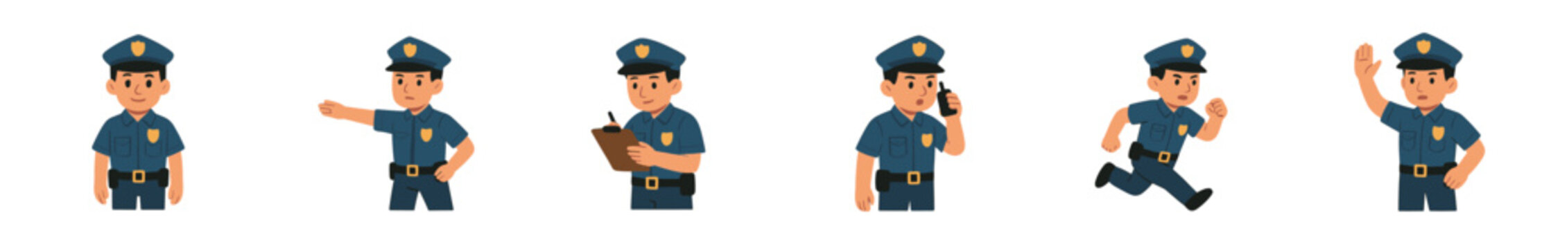 Set of cartoon police officer characters in various poses and actions like running, writing, directing traffic, and talking on a walkie-talkie, a flat vector illustration collection