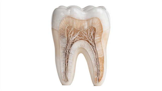 Tooth model dental anatomy cross section enamel dentin pulp nerve detailed cutaway illustration on white background, isolated medical education concept for dentistry, clean clinical look