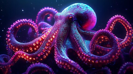 Neon futuristic octopus glowing deep sea high resolution picture