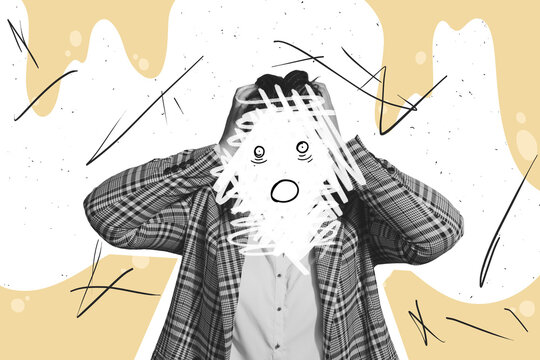 Creative picture collage young girl emotional expression drawing face speechless stupor shock terrified touch head psychology therapy