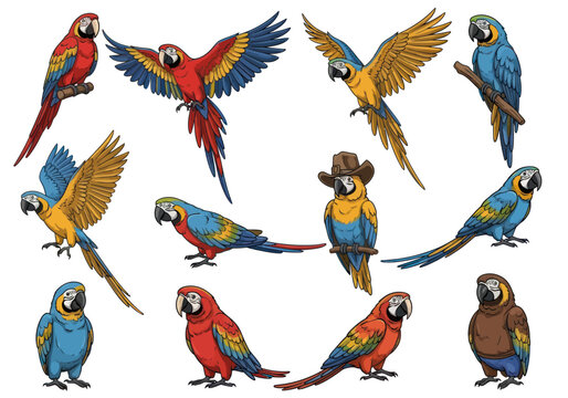 Colorful macaw parrots collection with vibrant red, blue, and yellow feathers in various poses including flying, perched, and standing isolated on white background