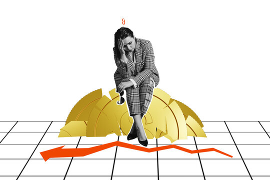 Composite photo collage of upset girl sit broke dollar coin arrow recession bankrupt problem decline inflation isolated on painted background
