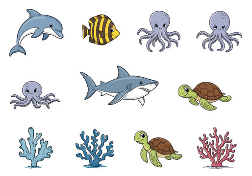 Cute cartoon ocean animals and coral illustrations with dolphin, fish, octopus, shark, and coral reef elements on white background