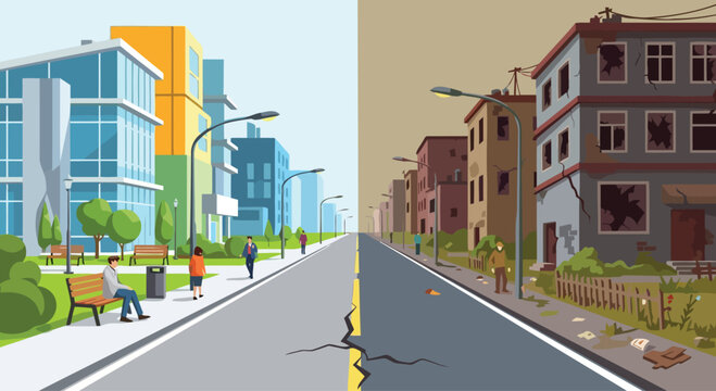 Split city street landscape showing wealth gap and economic inequality.