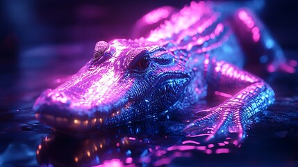 Neon glowing caiman radiant cyberpunk reptile high resolution picture