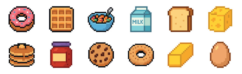 Obraz premium Pixel art breakfast food and drink icons set featuring a donut, waffle, cereal, milk, toast, cheese, and pancakes in a colorful retro 8-bit video game graphic style