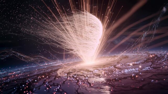 Divine luminous entity creating universe with flowing cosmic energy in deep space. Concept of godlike consciousness, creation of reality, and origin of the cosmos