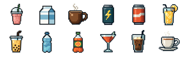 Collection of various pixel art drinks including coffee, soda, milk, juice, and cocktails, rendered in a charming 8-bit retro video game style for use as icons or sprites
